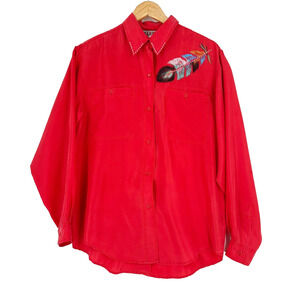 VTG 100% Silk Hand Painted Button Up Shirt Medium Boho Hippie Artsy Southwest